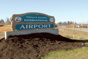 A new sign marks the entrance to William R. Fairchild International Airport in Port Angeles. (Keith Thorpe/Peninsula Daily News)