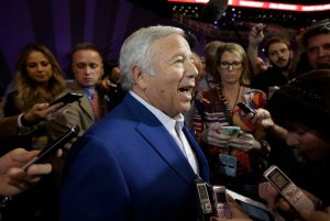 New England Patriots owner Robert Kraft answers questions during Media Day on Tuesday. (The Associated Press (Click on photo to enlarge))