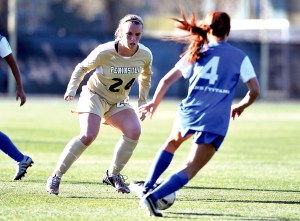 Peninsula College midfielder Paxton Rodocker (24) defends Lane's Mecca Ray Rouse in the Northwest Athletic Conference semifinals in November. (Jeff Halstead/for Peninsula Daily News)