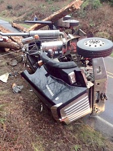 This log truck wreck closed state Highway 112 for nearly seven hours Tuesday. (Washington State Patrol)