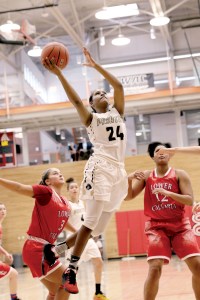 Peninsula's Imani Smith attempts a layup during the Pirates 66-44 NWAC semifinal victory against Lower Columbia at Everett Community College on Saturday. (Tracy Swisher/Northwest Athletic Conference)