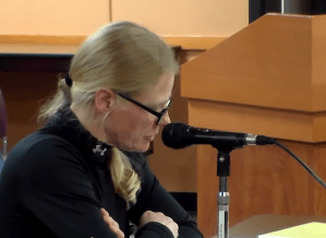 Clallam County Treasurer Selinda Barkhuis testifies at the March 16 meeting of the Clallam County Charter Review Commission. (Stephanie Noblin)