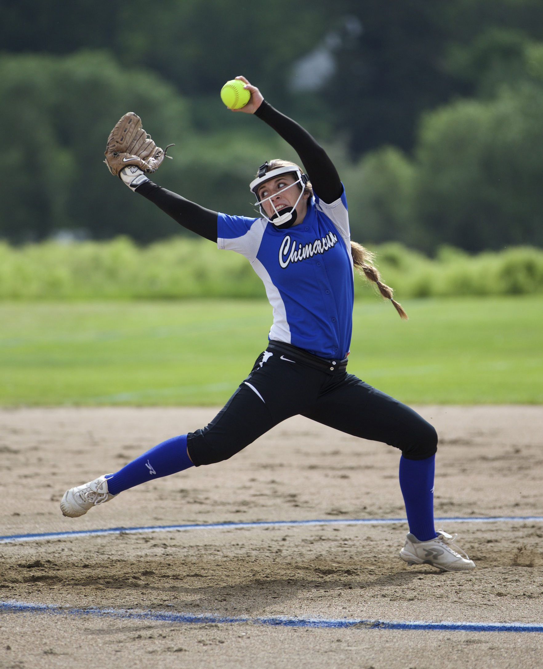 Chimacum pitcher Ryley Eldridge winds up for a pitch during her no-hit performance against Klahowya. (Steve Mullensky/for Peninsula Daily News)