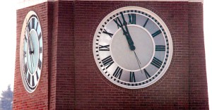 The clock at the Clallam County Courthouse in Port Angeles will be stopped until next Wednesday while it undergoes scheduled maintenance. (Keith Thorpe/Peninsula Daily News)