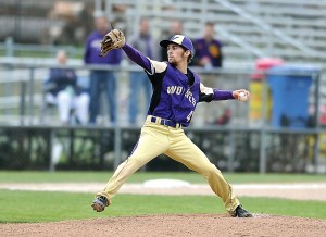 Sequim's Tanner Rhodefer pitches against North Kitsap during the district tournament. Rhodefer was the Wolves' workhorse on the mound this season. (Jeff Halstead/for Peninsula Daily News)