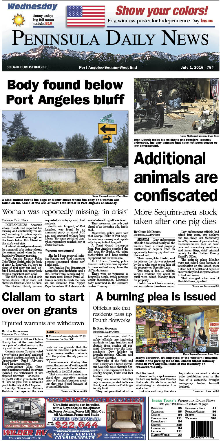 Today's front page tailored for the PDN's readers in Clallam County. There's more inside that isn't online!