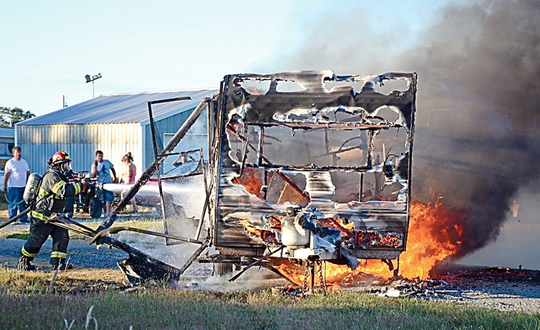 Clallam County Fire District No. 2 responds Monday to a recreational trailer fire at 3012 Lower Elwha Road in Port Angeles. Clallam County Fire District No. 2