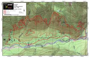 Fire boundaries are outlined in red in this map drafted from an infrared flyover shortly after midnight today (July 3). Click on the map to enlarge. Click on the arrow at right to read the map legend. U.S. Forest Service