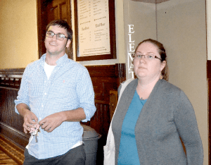 Port Townsend City Council candidates Paul Rice and Amy Smith await the vote totals Tuesday night. Charles Bermant/Peninsula Daily News