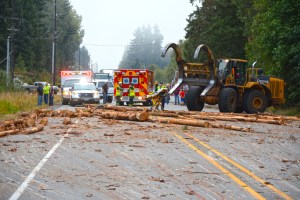 Clallam County Fire District No. 2 responds to a report of a log truck that lost its load on U.S. HIghway 101