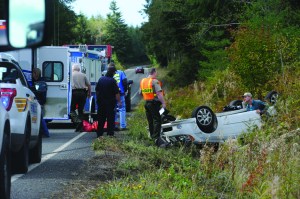 No injuries were reported after a single-car rollover wreck at 12:05 p.m. Tuesday on state highway 110 near the junction with Wilson road. Lonnie Archibald/for Peninsula Daily News