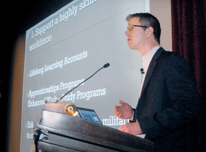 U.S. Rep. Derek Kilmer speaks during a town hall meeting at Peninsula College in Port Angeles. Photo by Keith Thorpe/Peninsula Daily News ()