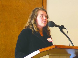 North Olympic Peninsula Resource Conservation & Development Council director Kate Dean addresses the Jefferson County Chamber of Commerce on Monday on climate change.  Charlie Bermant/Peninsula Daily News ()