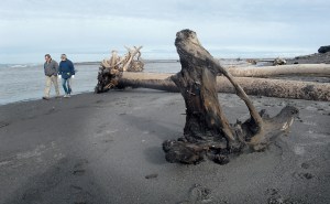 John and Cammy Thomas of Port Angeles walk along the water's edge at the mouth of the Elwha River west of Port Angeles on Saturday. (Keith Thorpe/Peninsula Daily News)