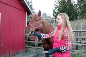 Silver Spurs 4-H member Sophie Marchant administers a syringe full of crushed antibiotics mashed with feed into her horse Troopers mouth  elevating his head and jaw until he swallows it  three times daily to help combat a mass in his abdomen quite possibly caused by a severe cut in his stomach a few years ago.  Karen Griffiths/for Peninsula Daily News ()