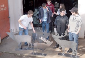 Sequim High School students in Bill Seabolts welding class prepare to load elk silhouettes into a truck for transport. From left are Bailey Boyce
