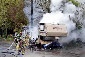 A recreational vehicle in Port Hadlock blew up Thursday just after the occupant stepped out. (Bill Beezley/East Jefferson Fire-Rescue)