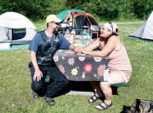 Bob Bates and Sonny Wargo are two of the 10 residents currently staying at the Affordable Housing Action Group campsites at the Jefferson County Fairgrounds in Port Townsend.  Charlie Bermant/Peninsula Daily News ()