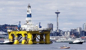 Two towers in Seattle: The Space Needle and the 355-foot-tall Polar Pioneer