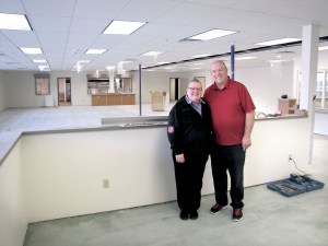 Salvation Army Majors Scott and Cherilee Ramsey in the new dining room under construction across the street from the organization's headquarters on Peabody Street in Port Angeles. — Arwyn Rice/Peninsula Daily News ()