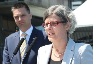 Victoria Mayor Lisa Helps and British Columbia Minister of Transportation and Infrastructure Todd Stone are shown during the announcement of a $17.4 million upgrade to the ferry terminal for the MV Coho ferry from Port Angeles.Photo by Kendra Wong/Victoria News ()