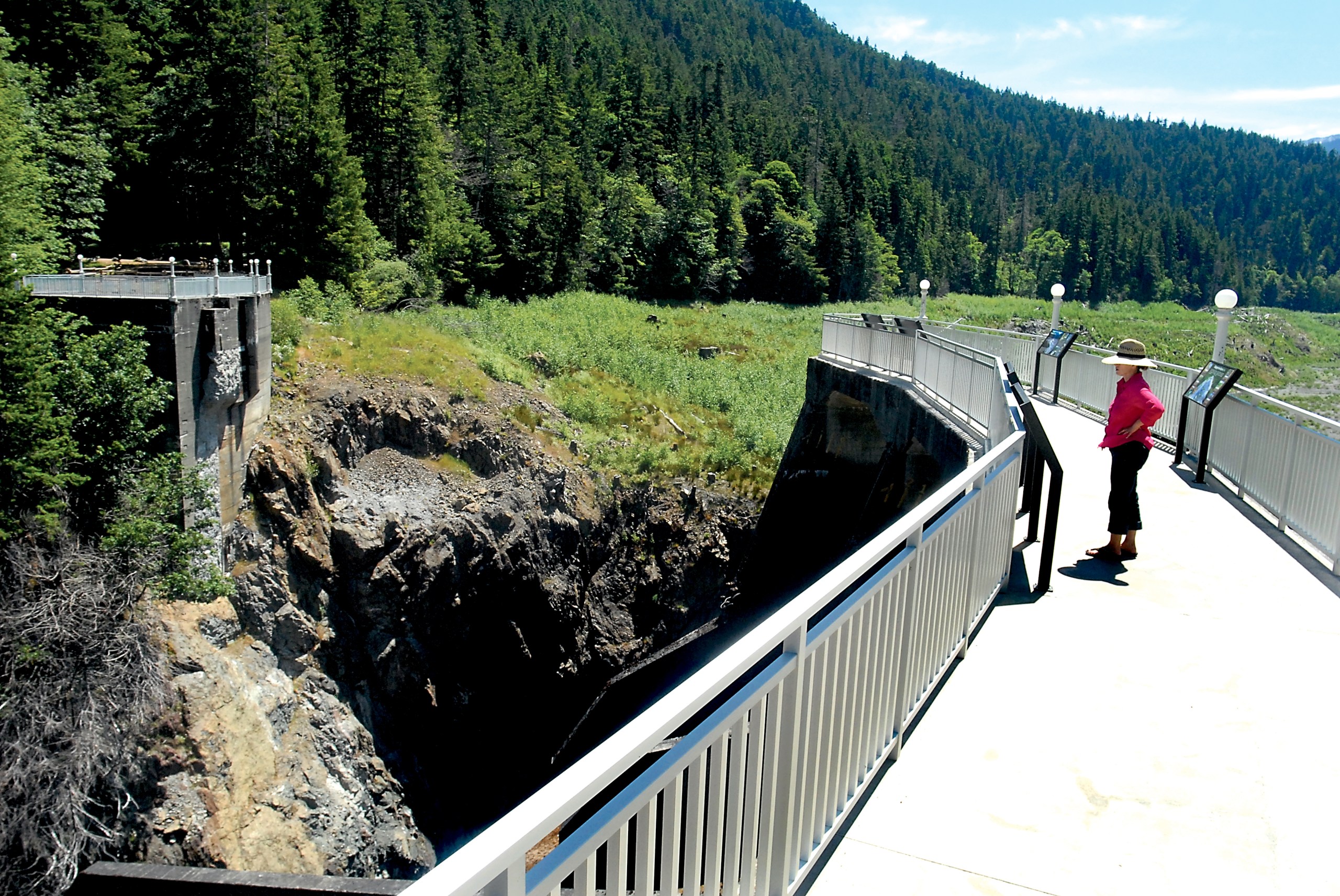 Carolyn Mackey of Port Angeles reads an interpretive sign Saturday on the newly opened overlook created from a section of the former Glines Canyon Dam in the Elwha River Valley in Olympic National Park. A similar overlook