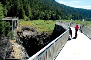 Carolyn Mackey of Port Angeles reads an interpretive sign Saturday on the newly opened overlook created from a section of the former Glines Canyon Dam in the Elwha River Valley in Olympic National Park. A similar overlook