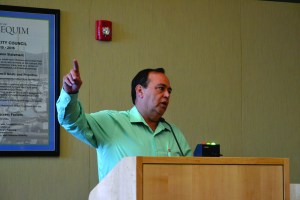 The Rev. Randy Hurlbut of Sequim Valley Foursquare Church speaks to the Sequim City Council about why he is in favor of firework sales in city limits.  Matthew Nash/Olympic Peninsula News Group ()