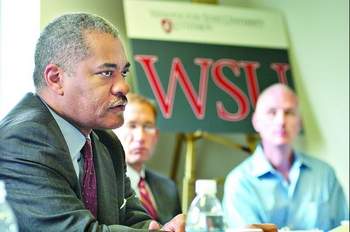 Elson Floyd meets with Clallam County economic development leaders during a visit to the North Olympic Peninsula in 2010. The Washington State University president died Saturday.  —Photo by Chris Tucker/Peninsula Daily News ()
