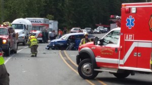 Clallam Fire District No. 3 responded to this wreck on U.S. Highway 101 near Barker Road east of Sequim on Monday morning. The wreck briefly tied up traffic in both directions.  Levi Barclay ()