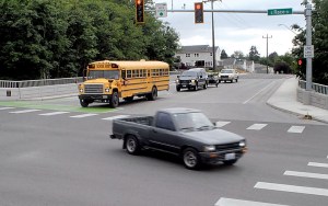 Traffic makes its way through the intersection at South Race Street and Lauridsen Boulevard. (Keith Thorpe/Peninsula Daily News)