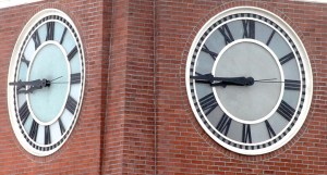 The clock in the tower of the Clallam County Courthouse in Port Angeles is seen stuck at 8:45 last week.  Keith Thorpe/Peninsula Daily News ()