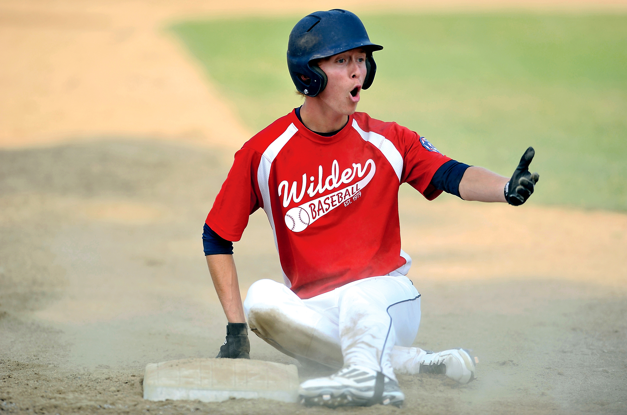 Curan Bradley reacts after being called out at third base while trying to stretch a double into a triple. Jeff Halstead/for Peninsula Daily News