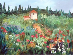 Beverly Hooks' “Tuscan Summer” is among the landscapes adorning The Landing mall's Heatherton Gallery