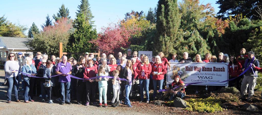 Michael Dashiell/Olympic Peninsula News Group                                Volunteers and supporters of the Welfare for Animals Guild celebrate the opening of WAG&rsquo;s new Half Way Home Ranch on Oct. 28.