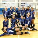 The Quilcene Rangers volleyball squad after winning the 1B Tri-District tournament last week. From left, rear, are Bridget Hitt, Katie Love, Emily Hitt, Abby Weller, McKenzie Kieffer, Natalie Coffey, Gina Brown and Aleina Mitchell. From left, front, are Shelby Love, Pearl Munn, Sydney Brown and Marissa Kieffer. On the floor is Allanah Carron.
