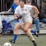 Keith Thorpe/Peninsula Daily News Peninsula&rsquo;s Jordyn DiCintio dribbles upfield during Saturday&rsquo;s NWAC quarterfinal game against Lane in Port Angeles.