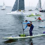 Paddle boarder Luke Burritt of team Fueled on Stoke takes off at the start of the 2017 Race to Alaska. Burritt, along with his teammate, stopped at Dungeness Spit to camp for the night before making the crossing to Victoria. (Cydney McFarland/Peninsula Daily News)