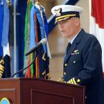 Capt. Mark Hiigel, commanding officer of U.S. Coast Guard Air Station/Sector Field Office Port Angeles, delivers opening remarks to veterans and guests during a Veterans Day ceremony in Port Angeles. (Keith Thorpe/Peninsula Daily News)