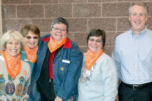 From left are Olympic Peninsula Humane Society board directors Linda Crow, Becky Upton, Nancy Booth and Carol Johnson, and Bill Koenig Jr. of Koenig Subaru. (Vivian Elvis Hansen/Peninsula Daily News)