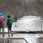 Mark and Ann Underwood of Bremerton look at a side channel of the rain-swollen Elwha River as it floods across Olympic Hot Springs Road near the former Elwha Campground in Olympic National Park on Thursday. (Keith Thorpe/Peninsula Daily News)