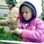 Evelyn Young, 6, of Bremerton took a little time out of her visit to Port Townsend on Tuesday to place an ornament on the city Christmas tree. (Cydney McFarland/Peninsula Daily News)