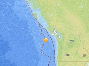 Star marks the epicenter of the quake swarm about 180 miles west of Neah Bay early today. The red lines designate tectonic areas at which the North American and Pacific plates meet.