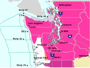 Bright pink on this National Weather Service map designates the red flag alert issued this afternoon. The pink in the Strait of Juan de Fuca designates a small-craft warning for winds in the vicinity of 25 knots.