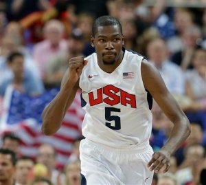 United States' Kevin Durant reacts during  the men's gold medal basketball game against Spain. The Associated Press
