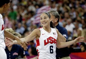The Seattle Storm's Sue Bird celebrates a score for the U.S. against France during the women's gold medal basketball game at the 2012 Summer Olympics on Saturday. Bird scored 11 points on 5-for-7 shooting. The Associated Press