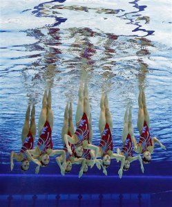 A Chinese team competes underwater in synchronized swimming event at the London Olympics. The Associated Press (click on photo to enlarge)