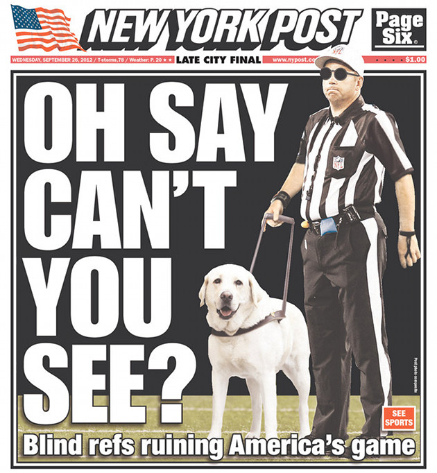 Has mocking replacement refs supplanted the NFL as America's favorite pastime?  This Page 1 of the New York Post on Wednesday shows the creative use of Adobe Photoshop. The Associated Press