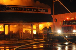 The former Dazzled by Twilight store in downtown Forks burns at about 4:30  this morning. Lonnie Archibald/for Peninsula Daily News
