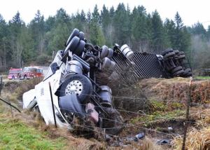 This Safeway delivery truck jackknifed on   state Highway 19 in Chimacum.  (One of two photos.) East Jefferson Fire and Rescue (click to enlarge)